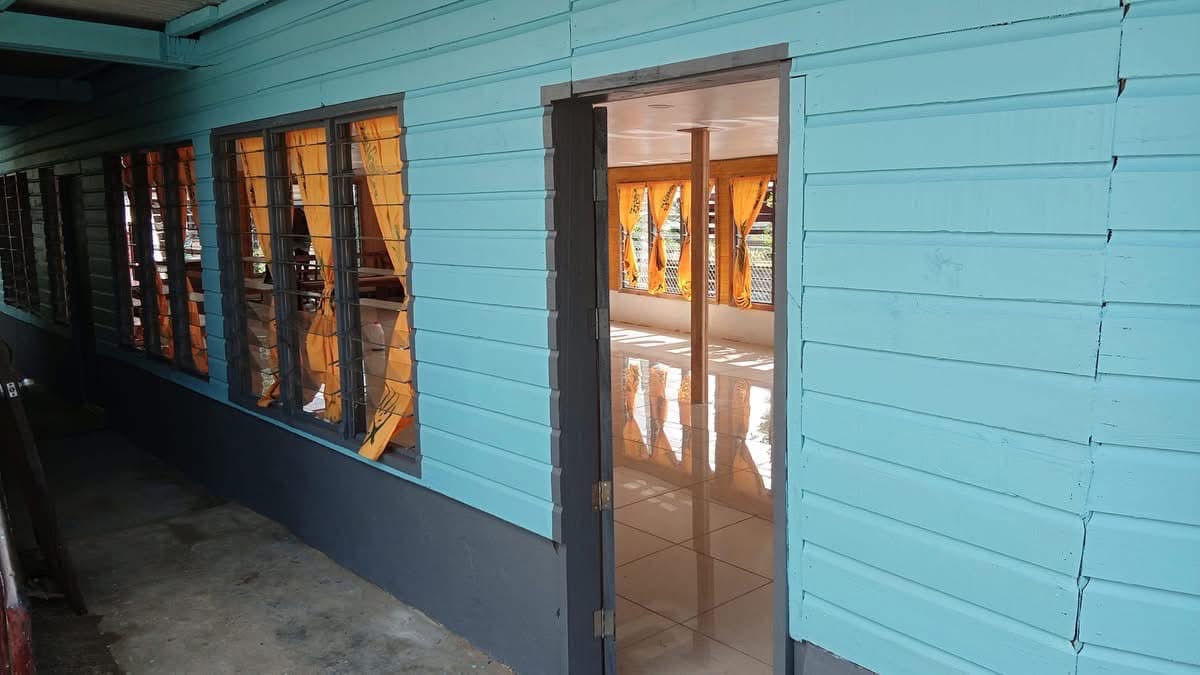 Entrance View - Blue exterior walls with hall access